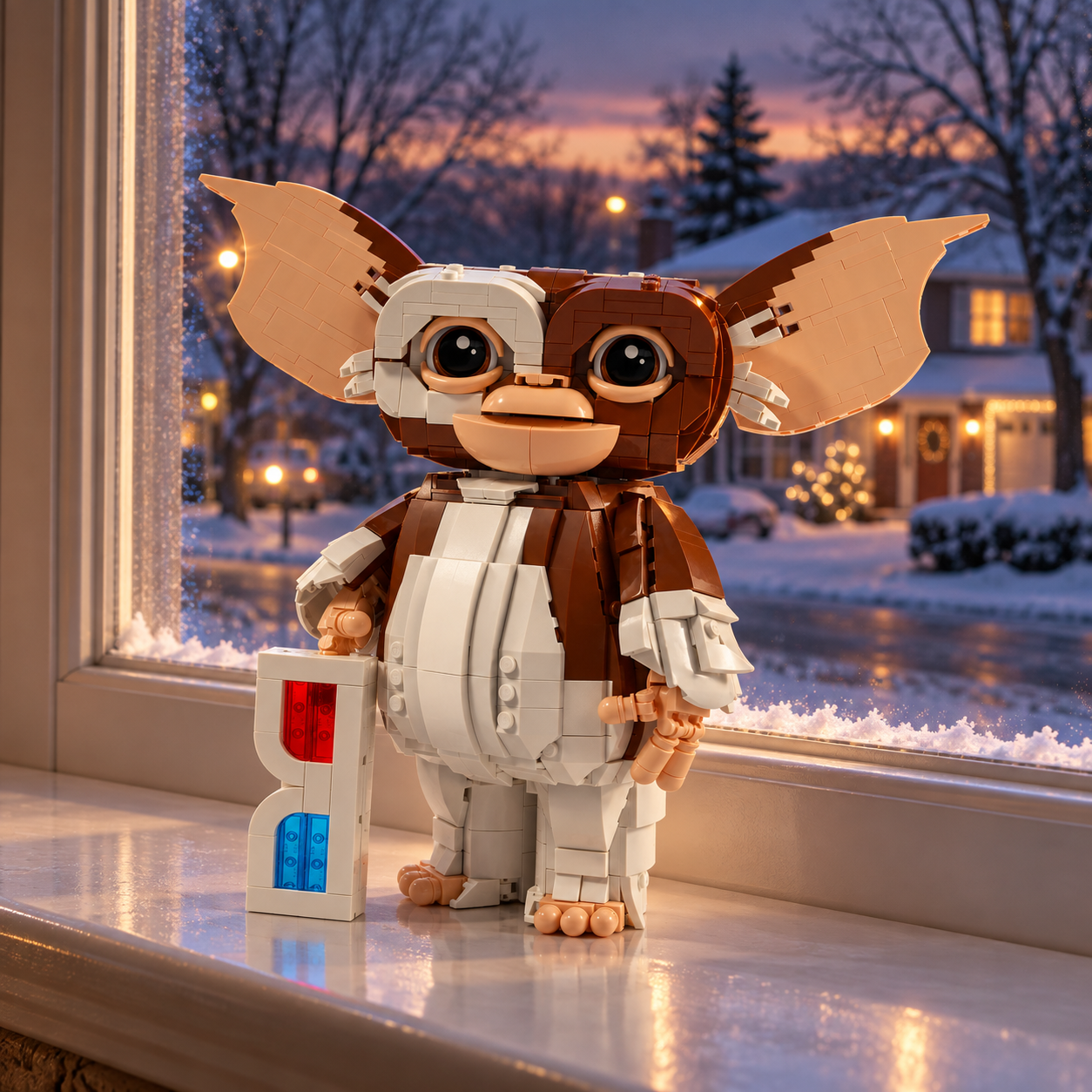 Gremlins: Gizmo (1.125 pe&ccedil;as): cena ambientada, rua residencial de inverno.