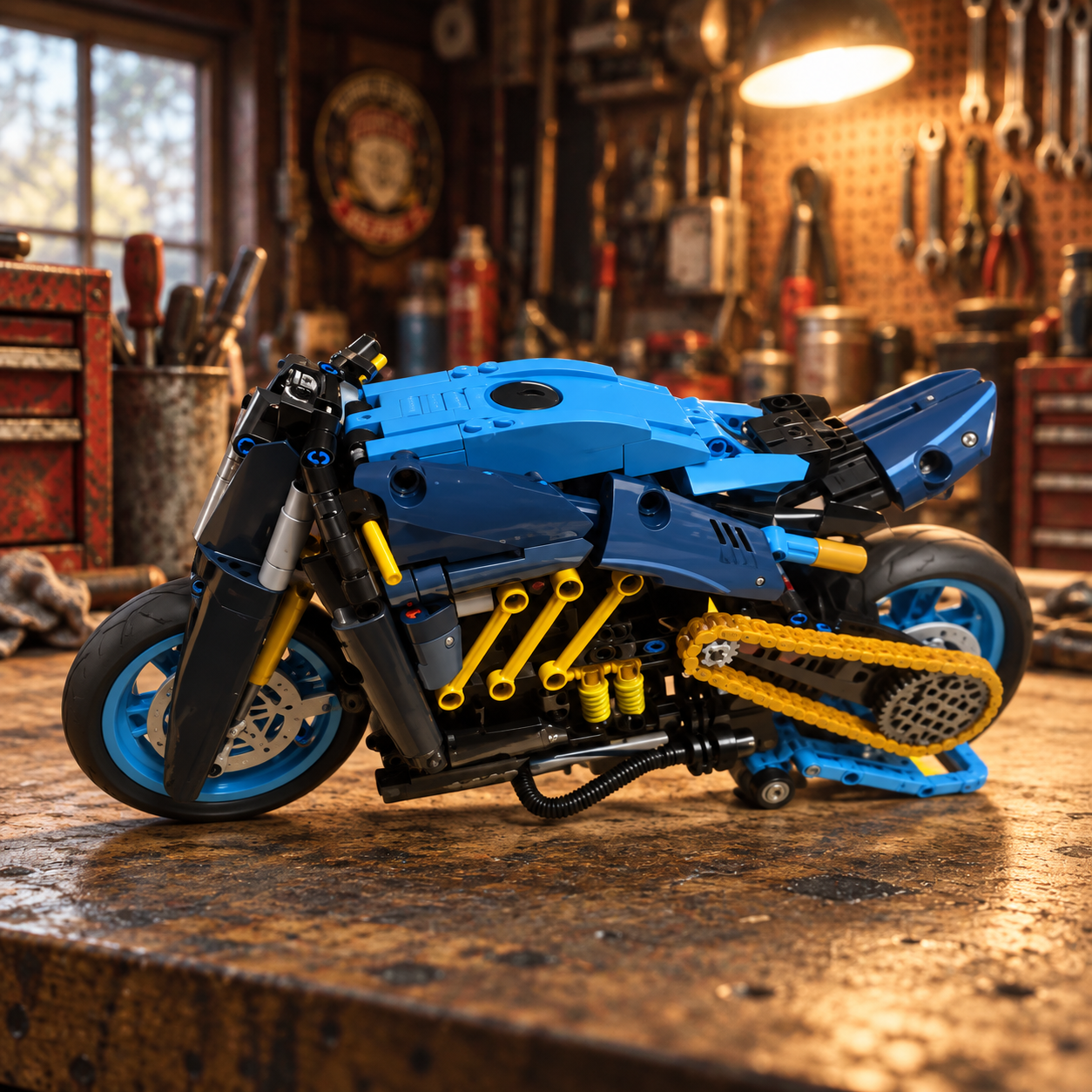 Miniatura Bugatti Diavel em oficina cl&aacute;ssica