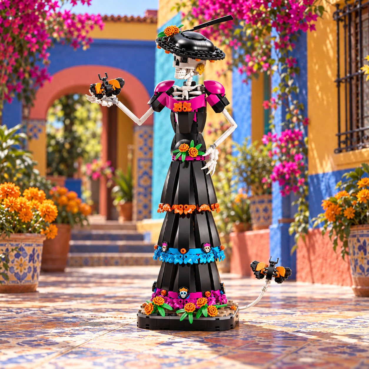 La Catrina (1212 pe&ccedil;as): cena ambientada, patio colorido.