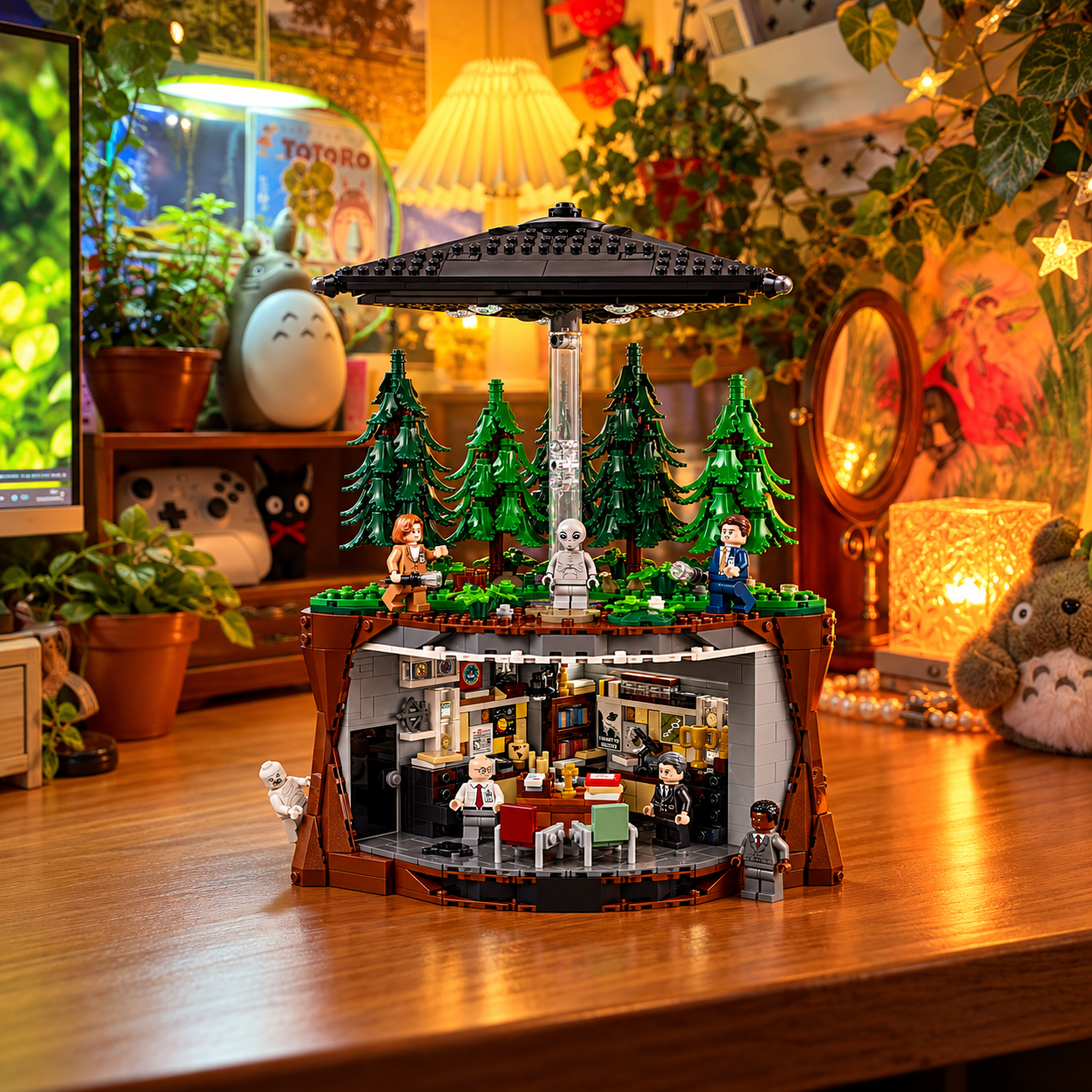 Cena 01: conjunto LEGO Arquivo X em ambiente tem&aacute;tico, fotografia de produto ambientada.