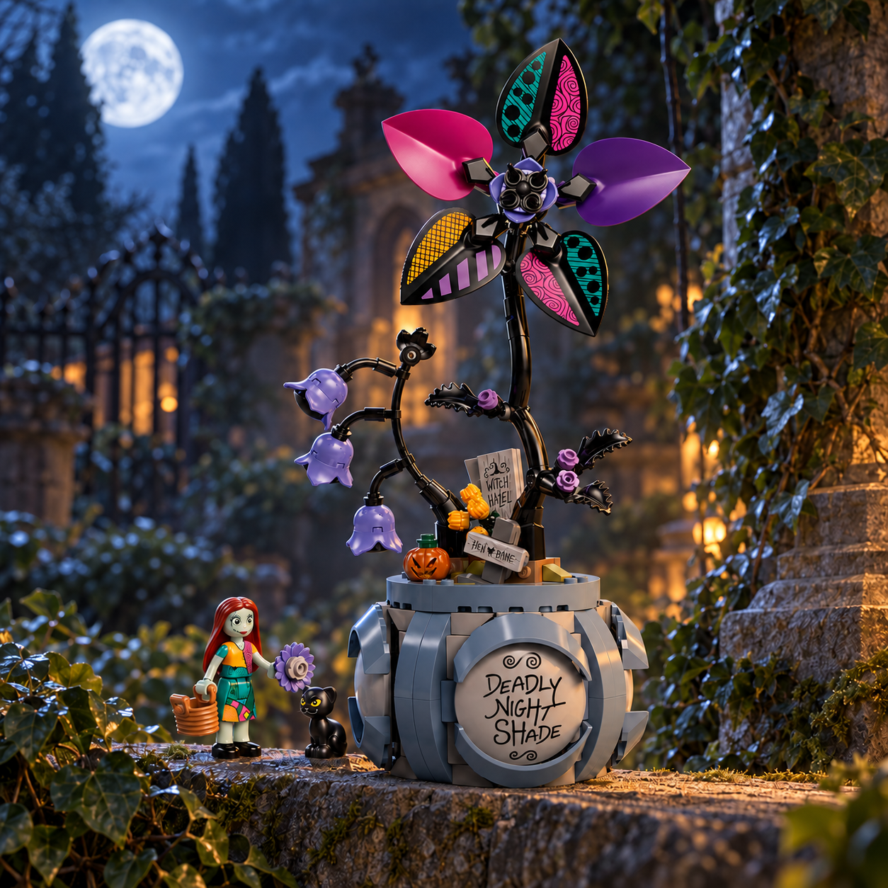 Vaso de Flores da Sally (346 pe&ccedil;as): cena ambientada, jardim crescido luar.
