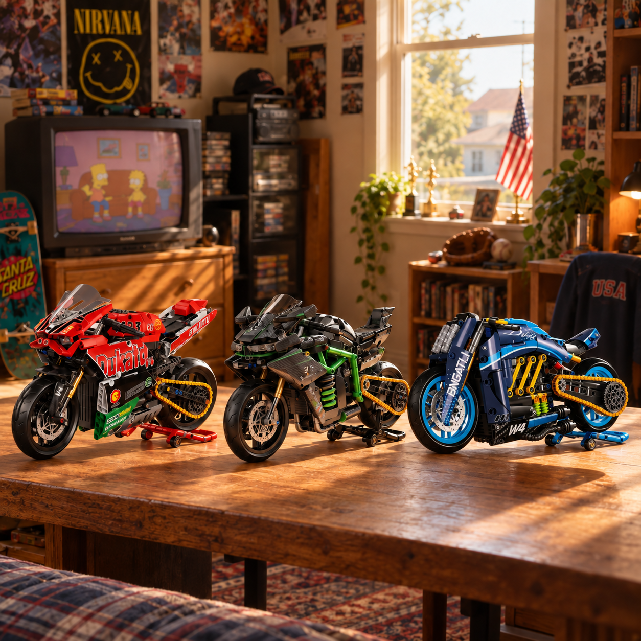 Trio de miniaturas Ducati V4, Kawasaki MG03 e moto conceito W4 em quarto retr&ocirc;
