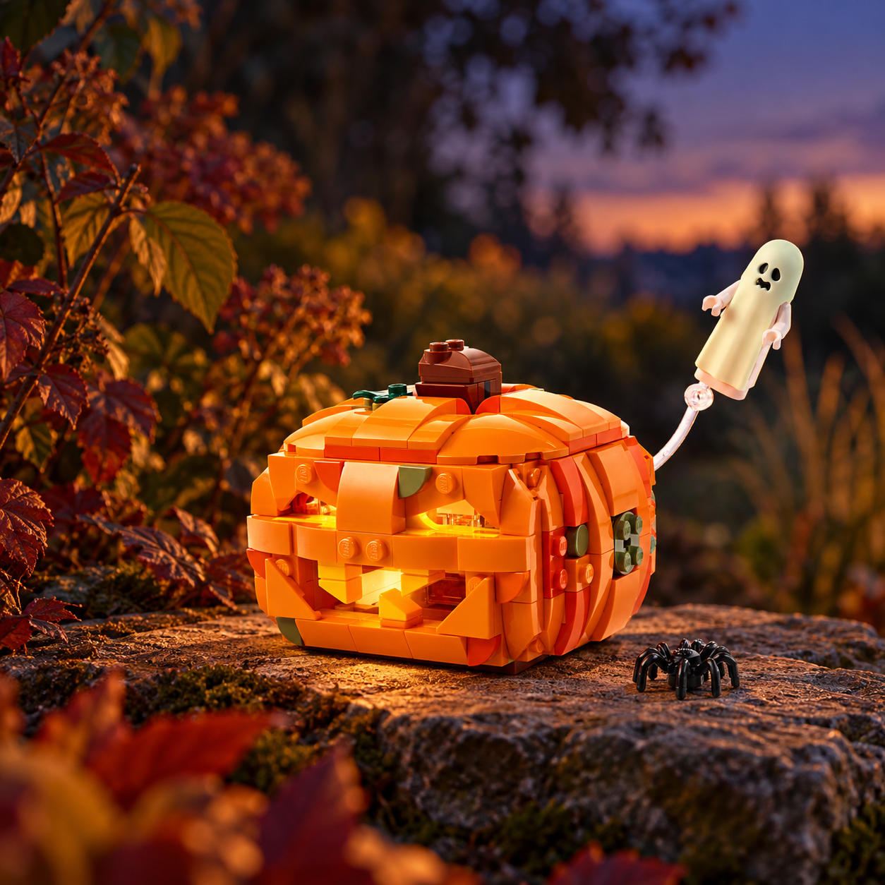 Halloween: Lanterna de Ab&oacute;bora (323 pe&ccedil;as): cena ambientada, jardim outonal anoitecer.