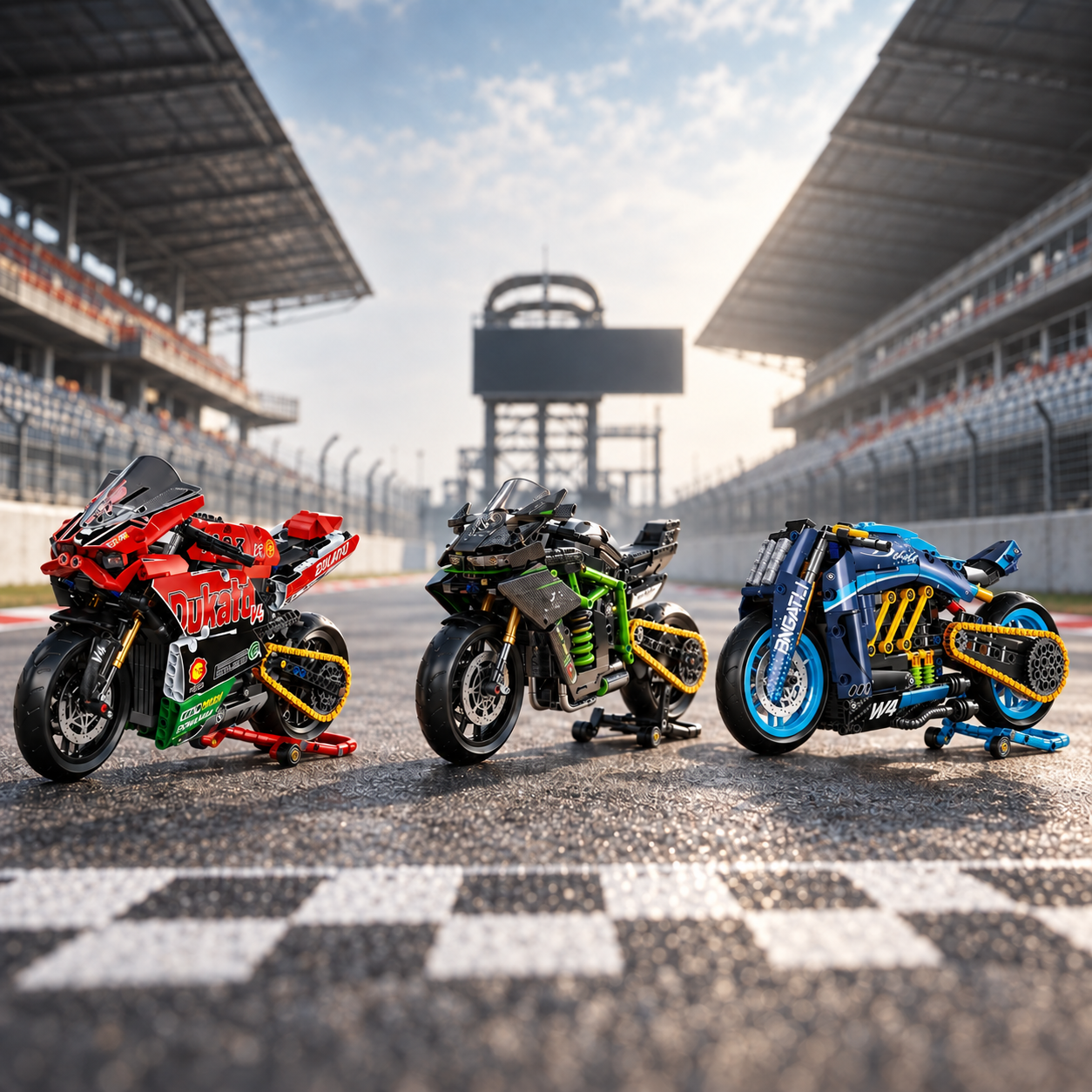 Trio de miniaturas Ducati V4, Kawasaki MG03 e moto conceito W4 no aut&oacute;dromo