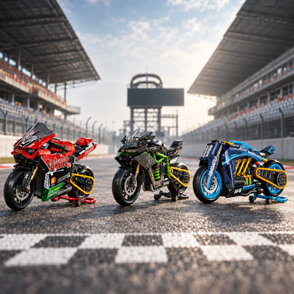Trio de miniaturas Ducati V4, Kawasaki MG03 e moto conceito W4 no aut&oacute;dromo
