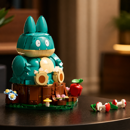 Munchlax sobre a base decorativa com ma&ccedil;&atilde; em ambiente aconchegante