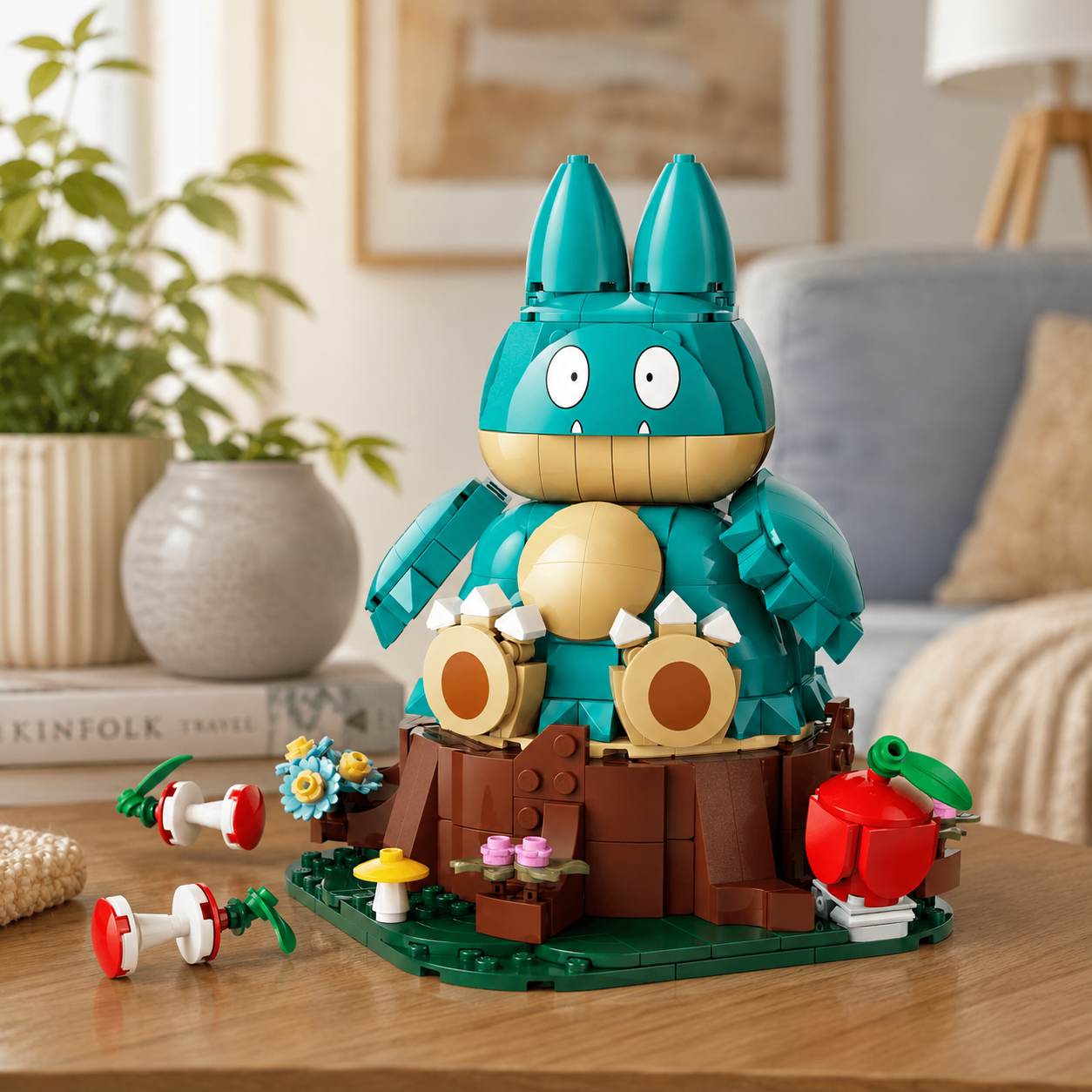 Munchlax montado sobre base com ma&ccedil;&atilde; e flores em ambiente residencial