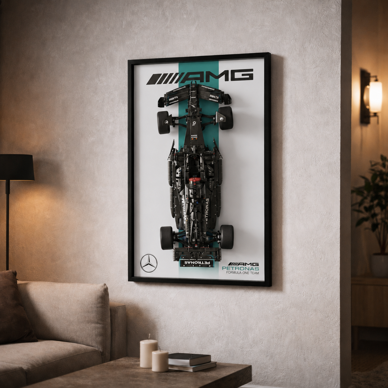 Compre Junto! Miniatura da F&oacute;rmula-1 Mercedes AMG W14 + Quadro Fosco Branco