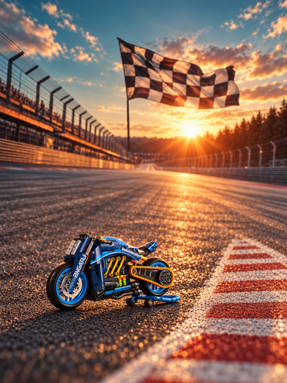 Moto conceito W4 em miniatura no aut&oacute;dromo com bandeira